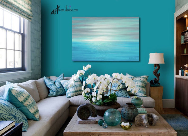Teal Aqua Blue & Gray Abstract Ocean Wall Art Large Seascape Etsy