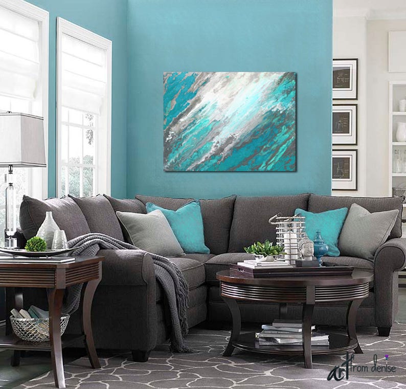 Gray & Teal Wall Art Canvas Abstract Pictures for Dining Room Etsy
