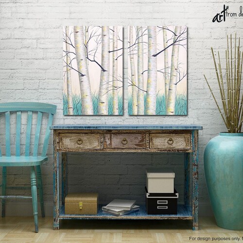 Large wall art - canvas print set of Aspen Birch tree painting, Two piece diptych, Aqua grey shops yellow & teal wall art 2 pictures