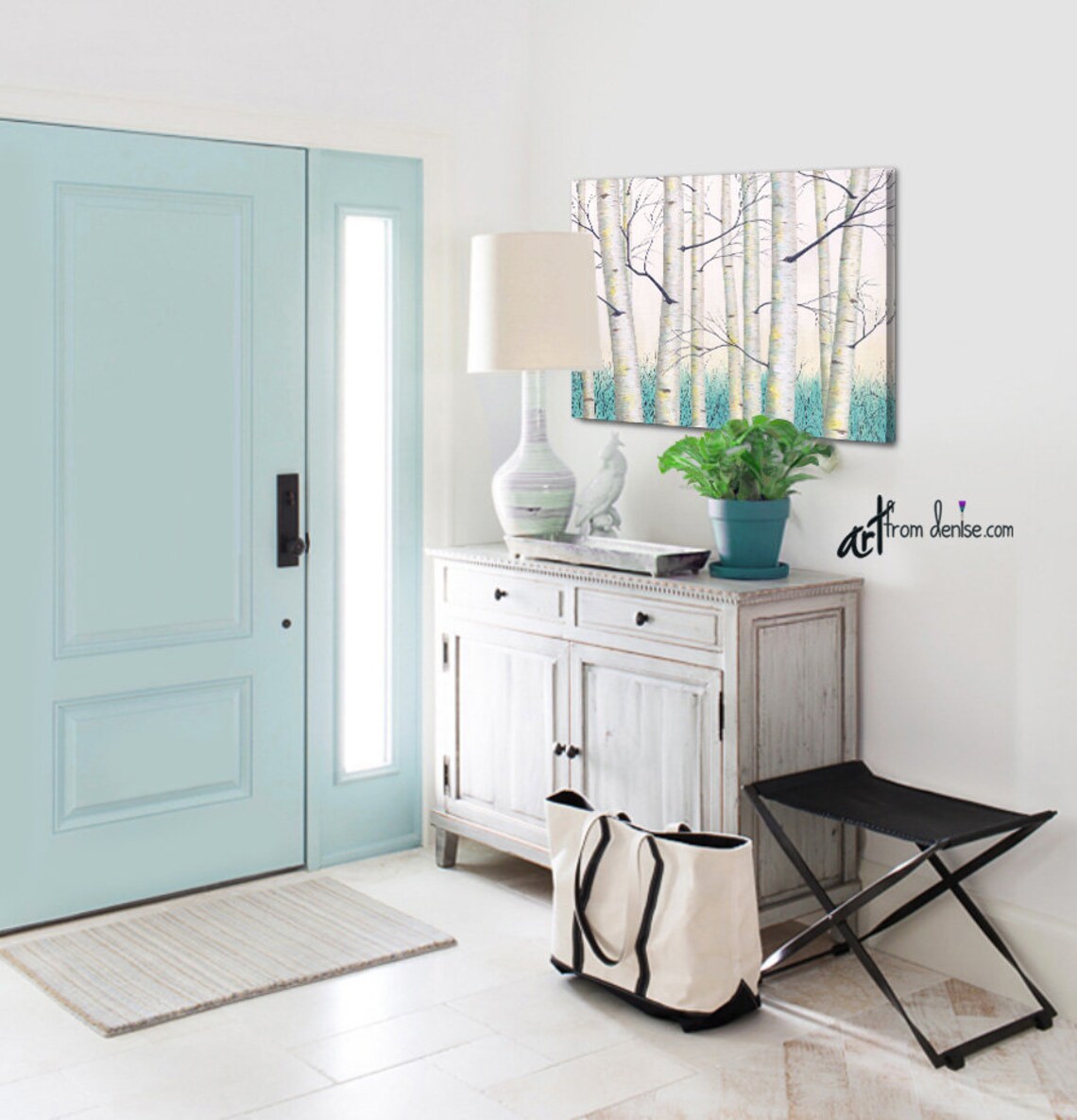 Birch Tree Wall Art Teal Yellow Gray Aqua White Contemporary Etsy