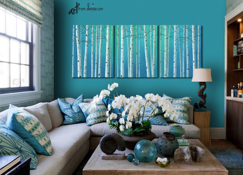 Original birch tree paintings Teal aqua blue wall art Large Etsy