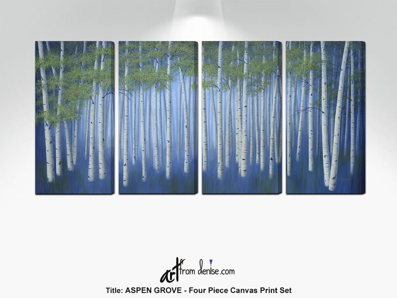 Large original birch tree paintings, 4 piece canvas wall art, Aspen trees decor, Office art work in navy blue & green image 1