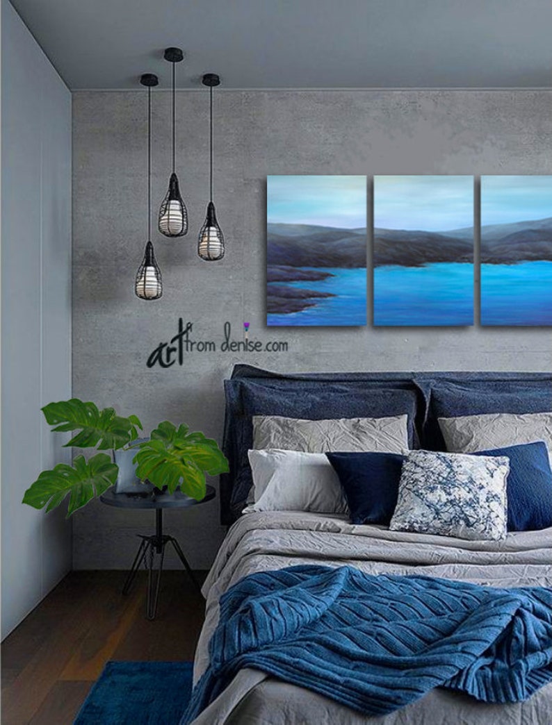 3 panel canvas print set for men/'s bedroom or living room beach decor Coastal wall art ocean painting Blue gray black purple
