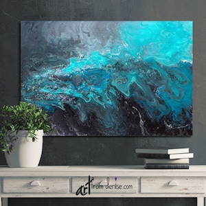 Large abstract blue black & grey canvas wall art / Above bed decor, art over couch, or dining room picture / Turquoise teal aqua image 1