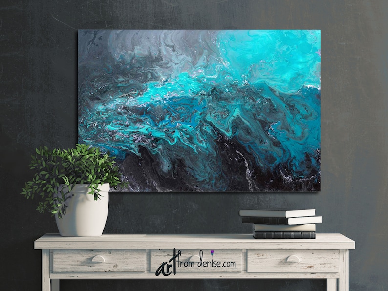 Large abstract blue black & grey canvas wall art / Above bed decor, art over couch, or dining room picture / Turquoise teal aqua image 1