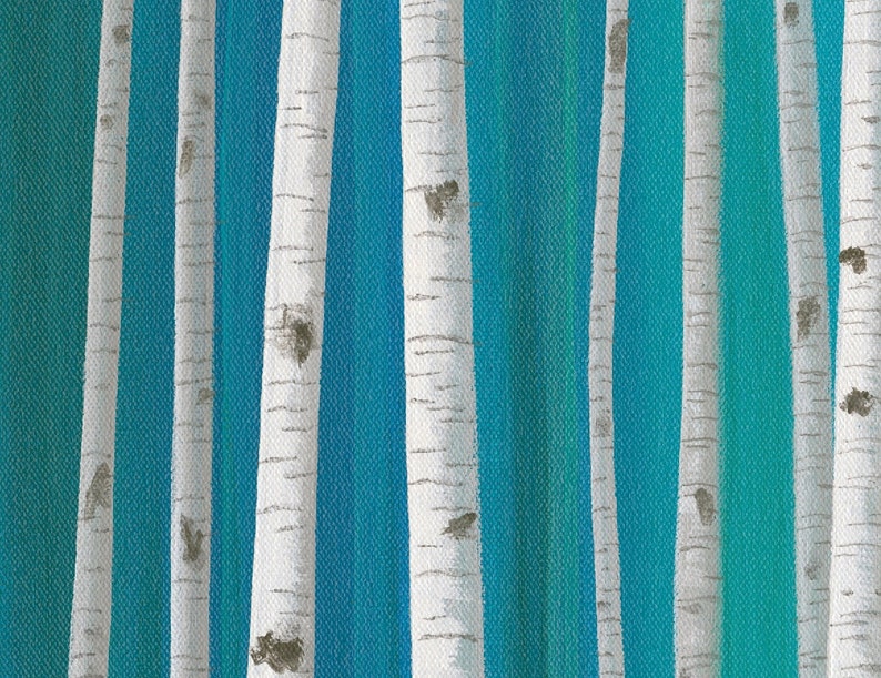 Original birch tree painting, Teal blue gray turquoise green, Panoramic canvas wall art image 4
