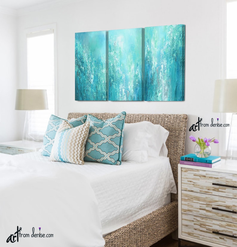 Large Abstract Triptych 3 Piece Wall Art Canvas Set Aqua Etsy UK