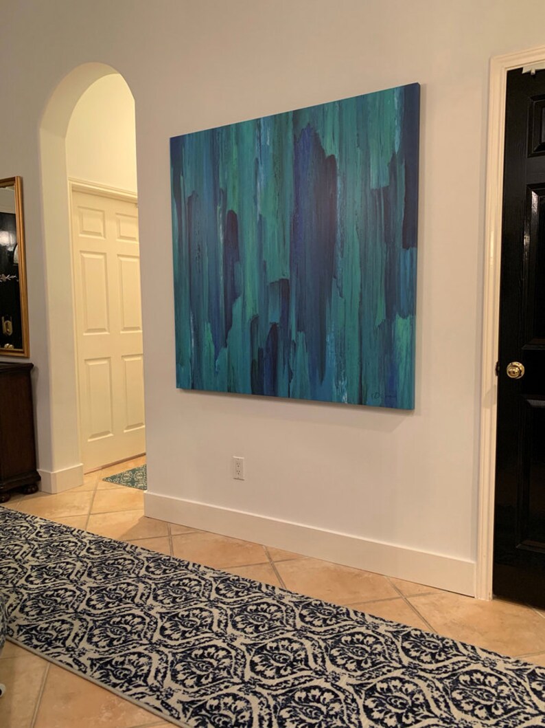 Teal Navy Blue Green Wall Art Canvas Abstract Living Room Etsy