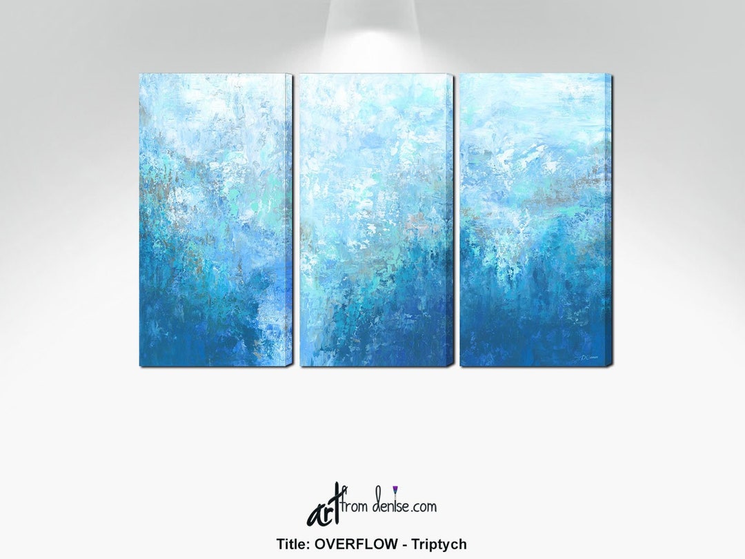 Aqua White Blue Abstract 3 Piece Canvas, Large Three Panel Contemporary