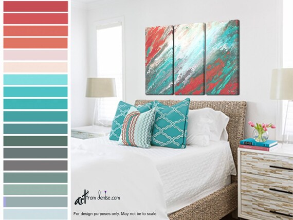 Large Pictures 3 Piece Wall Art Canvas Abstract Orange Teal Coral Aqua Bedroom Wall Decor Above Bed Art Three Panel Triptych Painting