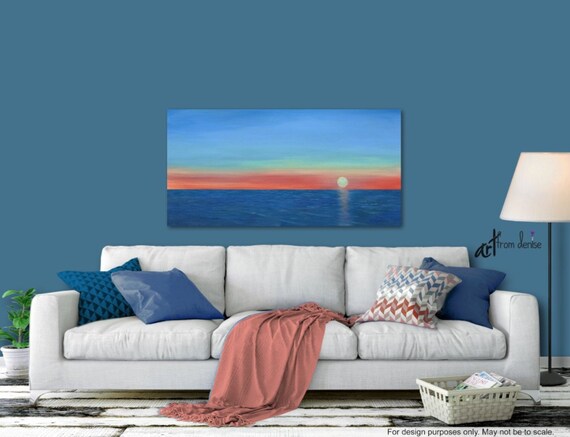 Sunset Painting Canvas Wall Art Orange And Navy Blue Etsy