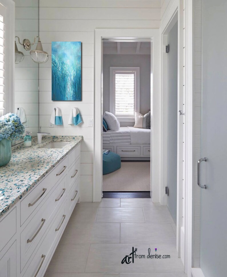 Blue and gray abstract vertical canvas wall art For bathroom | Etsy