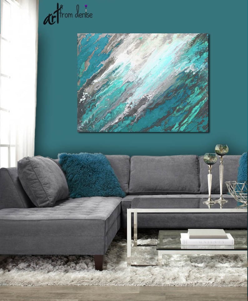 Gray & Teal Wall Art Canvas Abstract Pictures for Dining Room Etsy