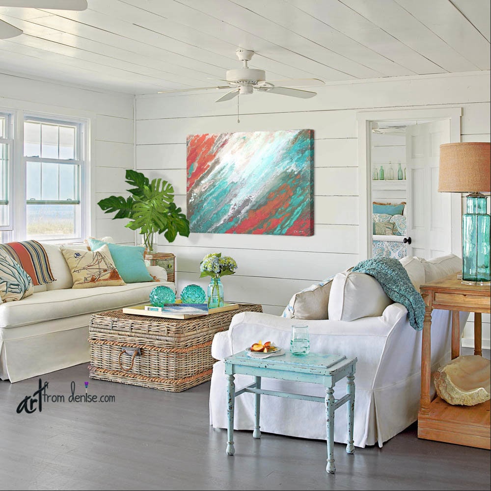 Coral & Teal Coastal Artwork Picture Beachy Wall Art Canvas Etsy Ireland