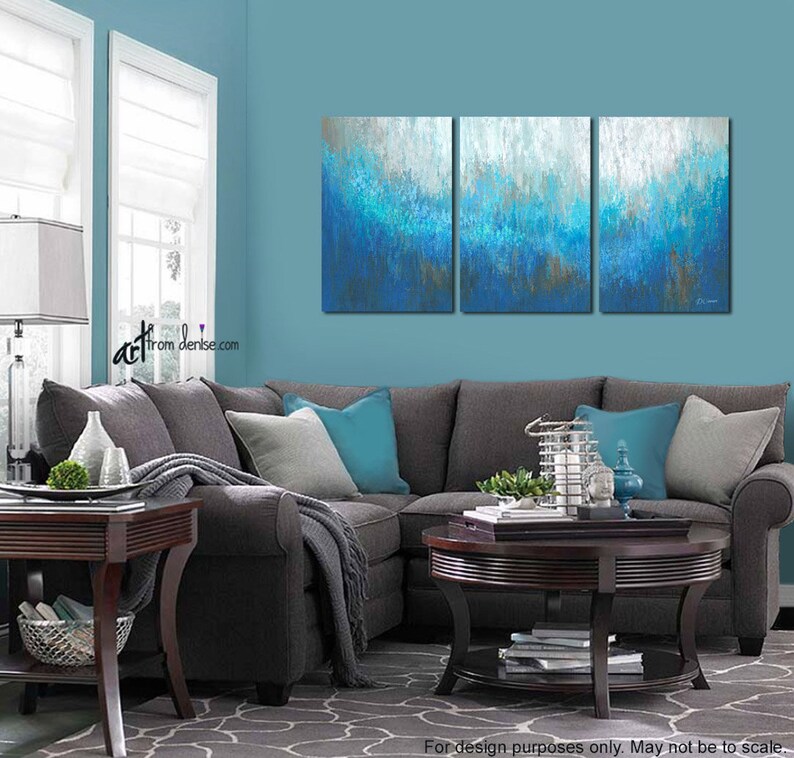 Aqua Blue and Brown Wall Art Large Abstract 3 Panel Canvas Etsy
