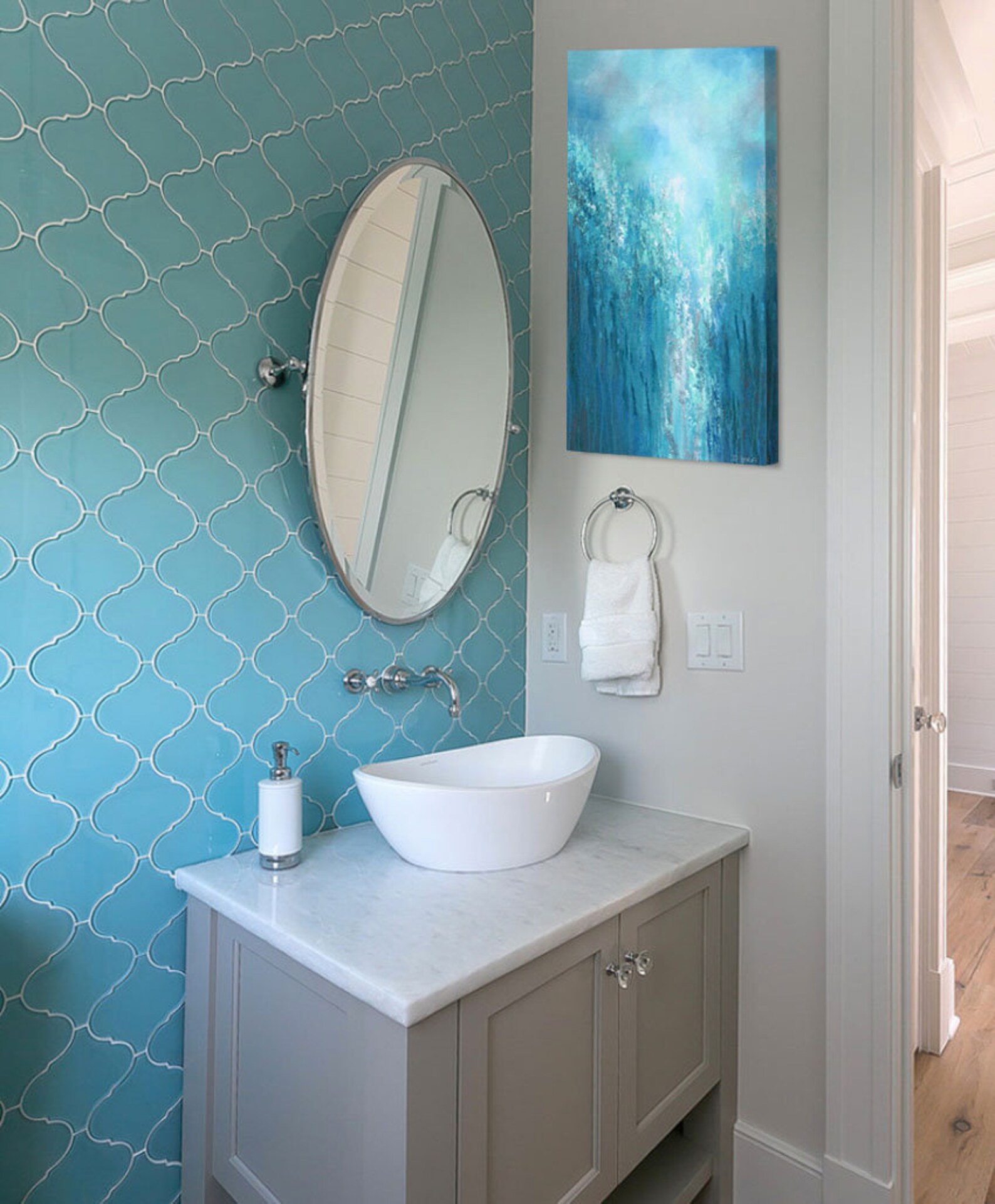 Blue and Gray Abstract Vertical Canvas Wall Art for Bathroom - Etsy