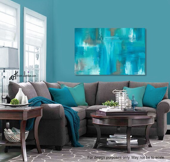 Teal Turquoise Blue Brown Wall Decor Large Abstract Etsy