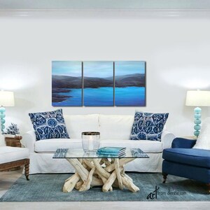 Coastal wall art ocean painting, Blue gray black purple, 3 panel canvas print set for men's bedroom or living room beach decor image 6