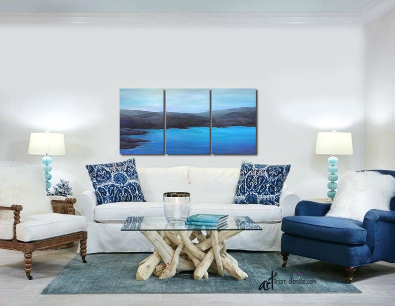 Coastal wall art ocean painting, Blue gray black purple, 3 panel canvas print set for men's bedroom or living room beach decor image 6