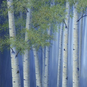 Large original birch tree paintings, 4 piece canvas wall art, Aspen trees decor, Office art work in navy blue & green image 3