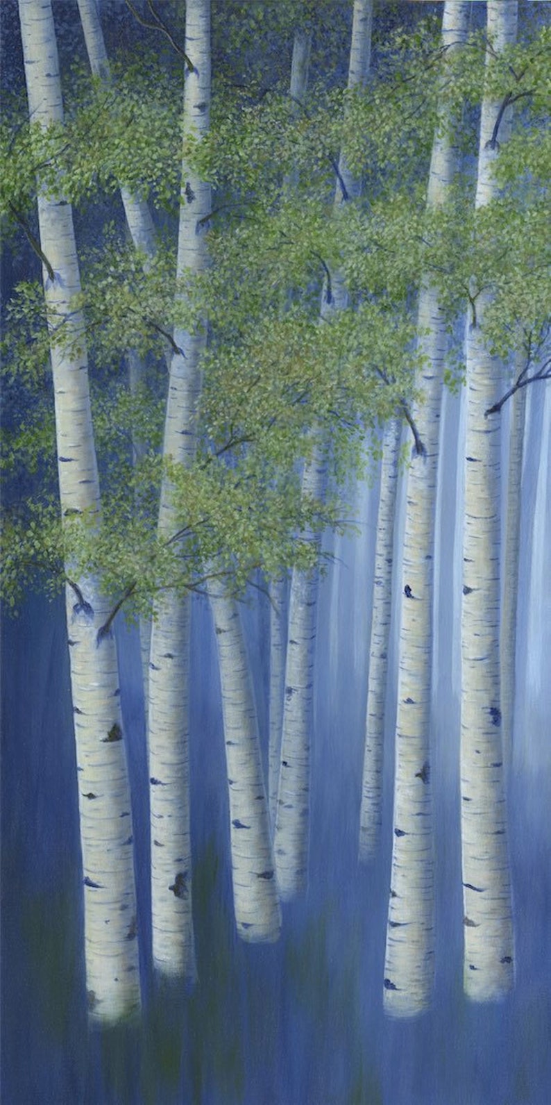 Large original birch tree paintings, 4 piece canvas wall art, Aspen trees decor, Office art work in navy blue & green image 3