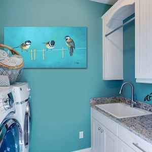 Birds on a clothesline canvas wall art Bathroom decor, laundry room pictures Teal blue aqua gray & yellow chickadees painting image 9
