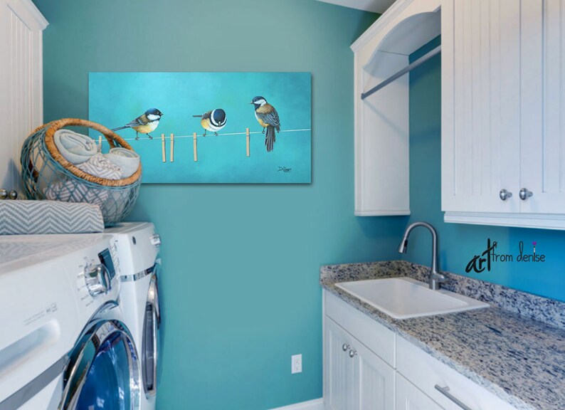 Birds on a clothesline canvas wall art Bathroom decor, laundry room pictures Teal blue aqua gray & yellow chickadees painting image 9