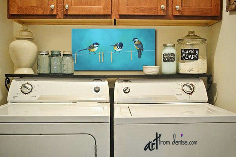 Birds on a clothesline canvas wall art Bathroom decor, laundry room pictures Teal blue aqua gray & yellow chickadees painting image 6