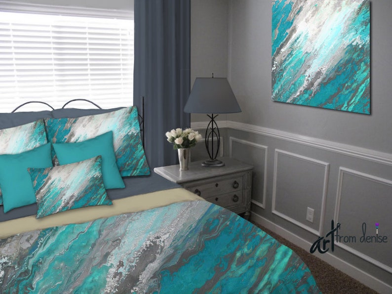 Gray & teal wall art canvas abstract Pictures for dining room | Etsy