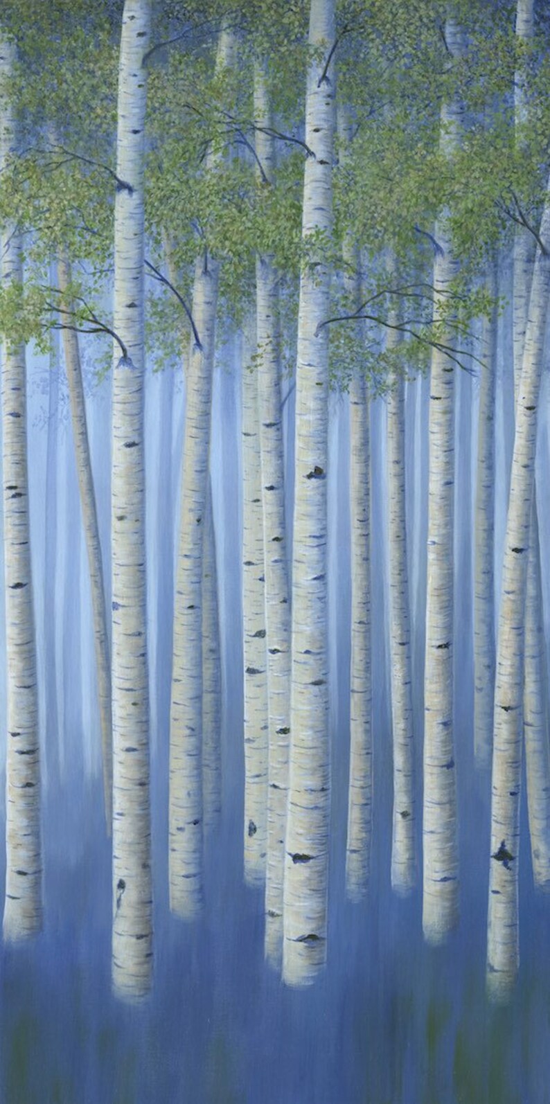 Large original birch tree paintings, 4 piece canvas wall art, Aspen trees decor, Office art work in navy blue & green image 5