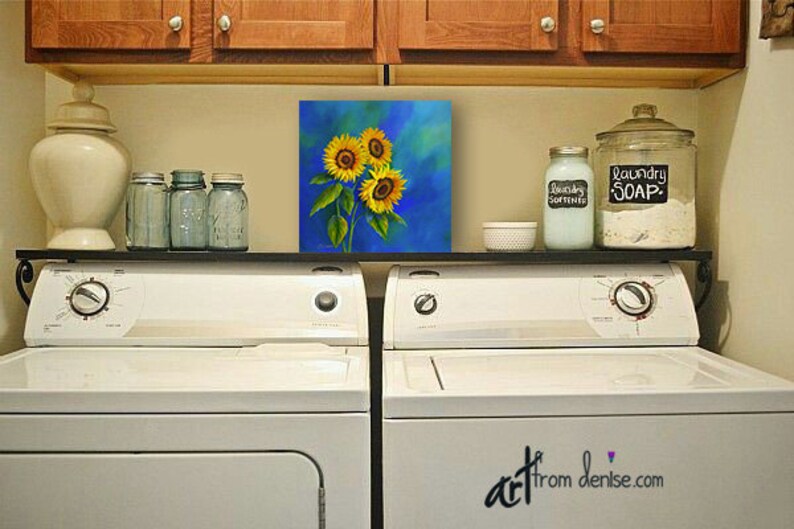 Sunflower decor Canvas wall art Blue and yellow laundry room Etsy