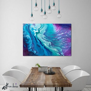 Teal navy blue & purple oversized wall art canvas abstract, Large bedroom wall decor above bed, Art over couch, Dining room pictures image 6