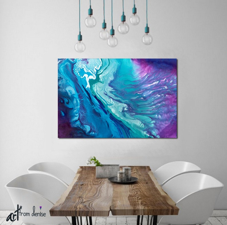 Teal navy blue & purple oversized wall art canvas abstract, Large bedroom wall decor above bed, Art over couch, Dining room pictures image 6