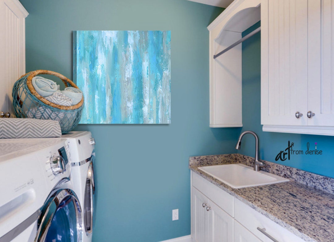 Aqua Blue Abstract Canvas Art, Bathroom or Laundry Room Wall Art, Teal