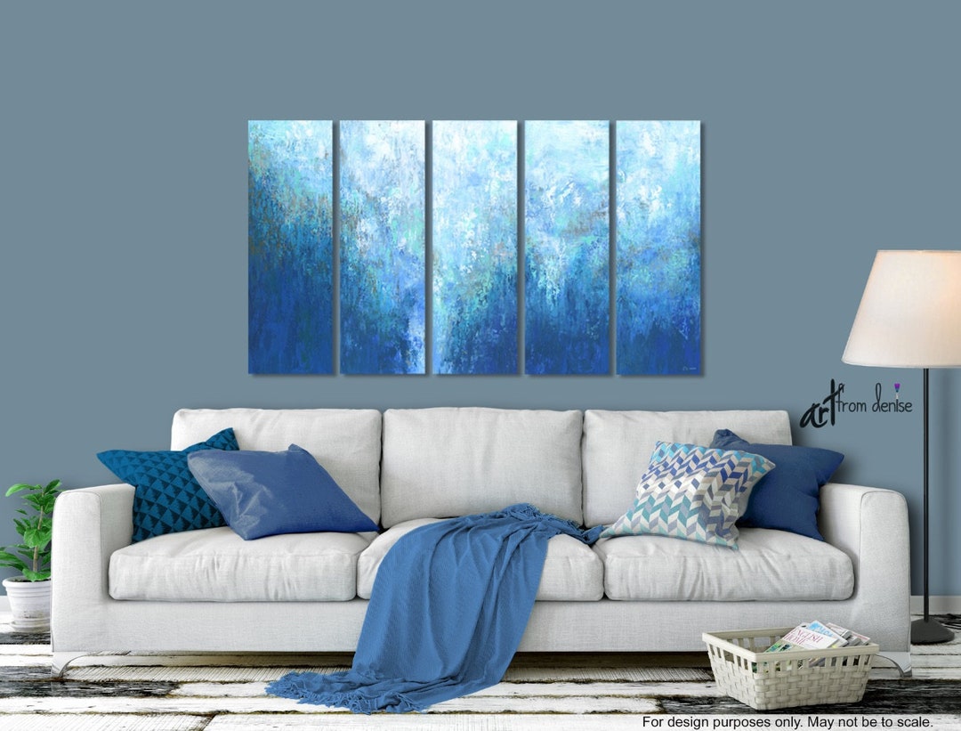 Oversized Blue & White Abstract Wall Art Canvas, Navy Aqua Turquoise