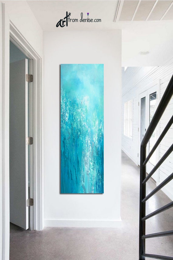 Tall Vertical Blue Wall Art, Teal Turquoise Aqua Gray White, Abstract  Painting Canvas Art Print 