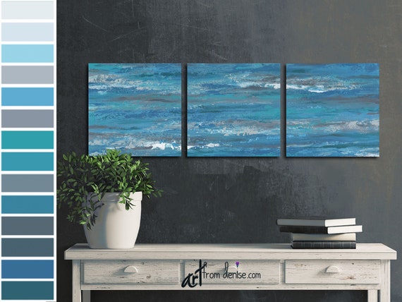 3 Piece Wall Art Canvas Art Prints Oversized Abstract Painting Blue Gray Teal Dining Room Wall Decor Living Room Pictures Above Bed Art