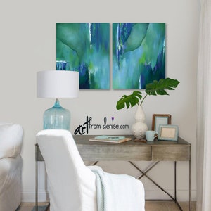 Teal wall art, Large abstract painting canvas art print set, Blue green turquoise navy aqua pictures for dining or living room wall decor image 9