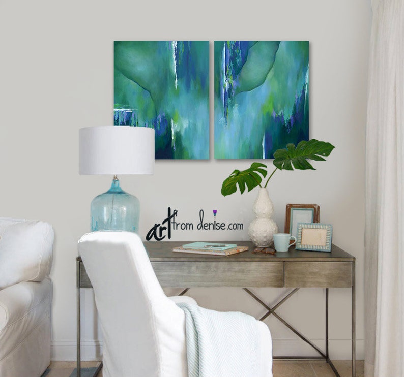 Teal wall art, Large abstract painting canvas art print set, Blue green turquoise navy aqua pictures for dining or living room wall decor image 9