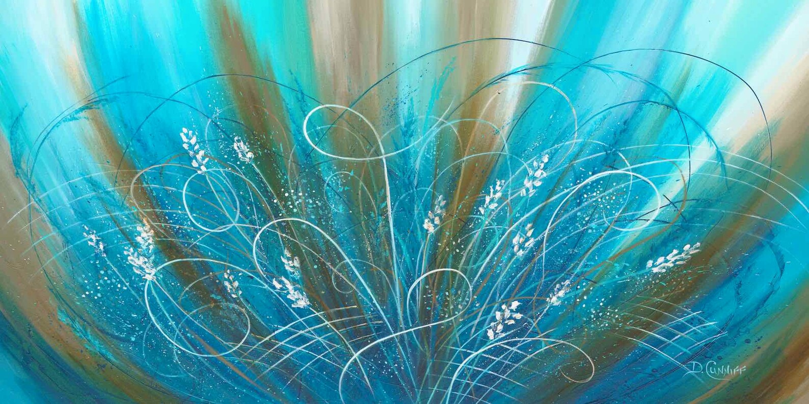 Blue & brown abstract floral canvas wall art Long horizontal Etsy