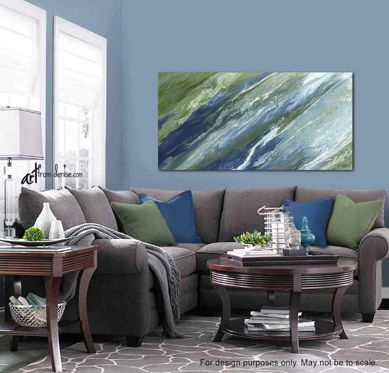 Large navy blue & green wall art canvas abstract print Wide Etsy