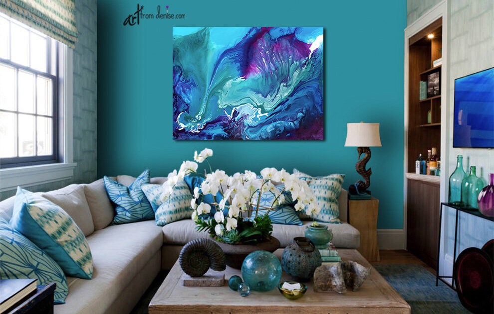 Abstract Watercolor Canvas Art Teal Turquoise Aqua Blue Navy Etsy