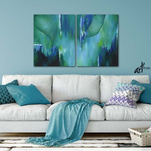 Teal wall art, Large abstract painting canvas art print set, Blue green turquoise navy aqua pictures for dining or living room wall decor image 6