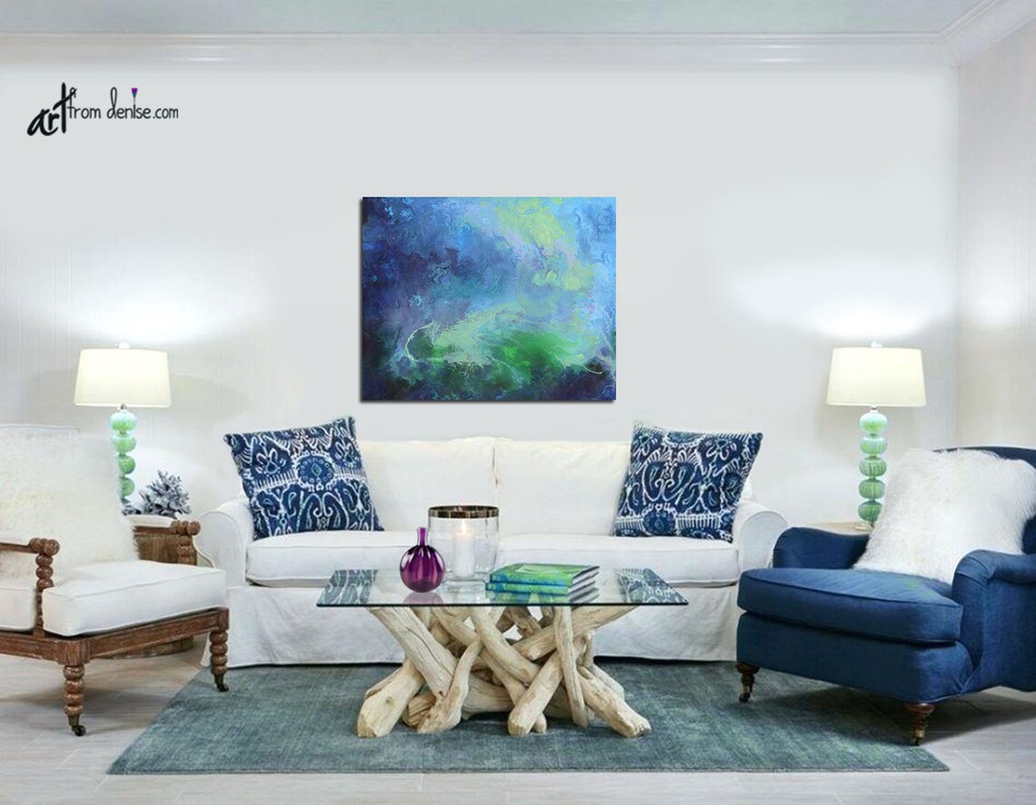 Abstract Green & Navy Blue Wall Art Canvas Artwork for Foyer Etsy