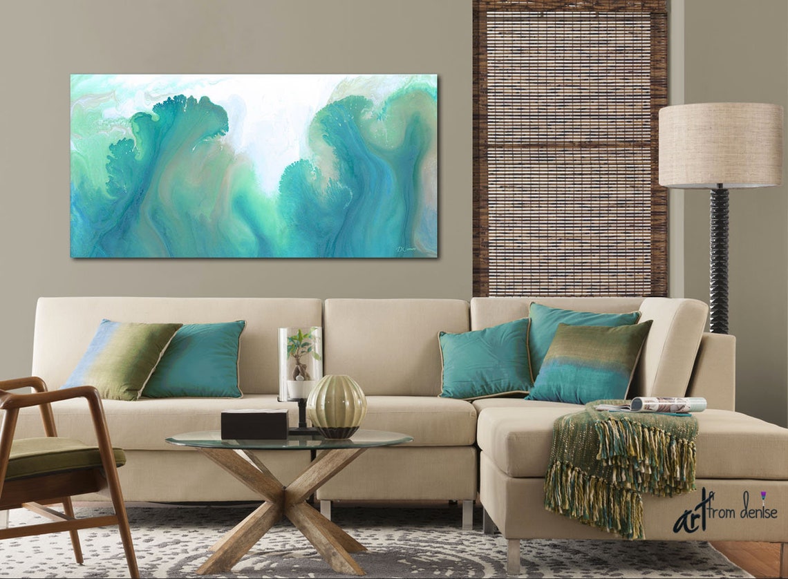 Oversized Teal Green Wall Art Canvas Abstract Extra Large Etsy