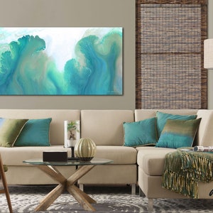 Oversized teal green wall art canvas abstract, Extra large living room wall decor, above bed bedroom artwork, Dining room pictures image 4