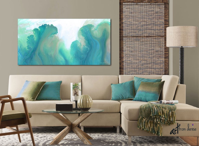 Oversized teal green wall art canvas abstract, Extra large living room wall decor, above bed bedroom artwork, Dining room pictures image 4