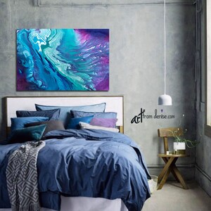 Teal navy blue & purple oversized wall art canvas abstract, Large bedroom wall decor above bed, Art over couch, Dining room pictures image 7