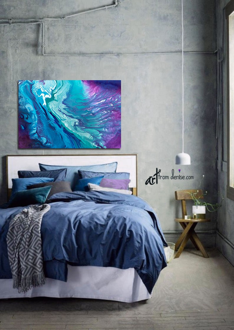 Teal navy blue & purple oversized wall art canvas abstract, Large bedroom wall decor above bed, Art over couch, Dining room pictures image 7