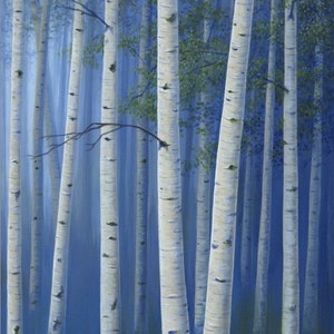 Large original birch tree paintings, 4 piece canvas wall art, Aspen trees decor, Office art work in navy blue & green image 6